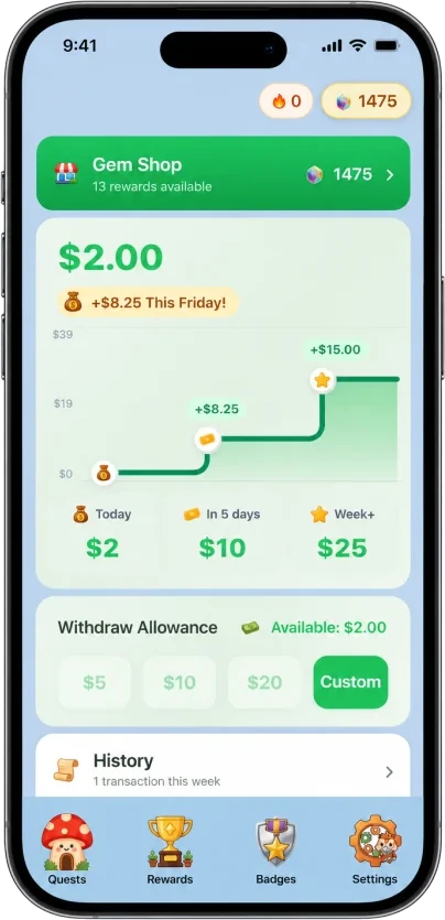 Chorby allowance screen with balance and payday