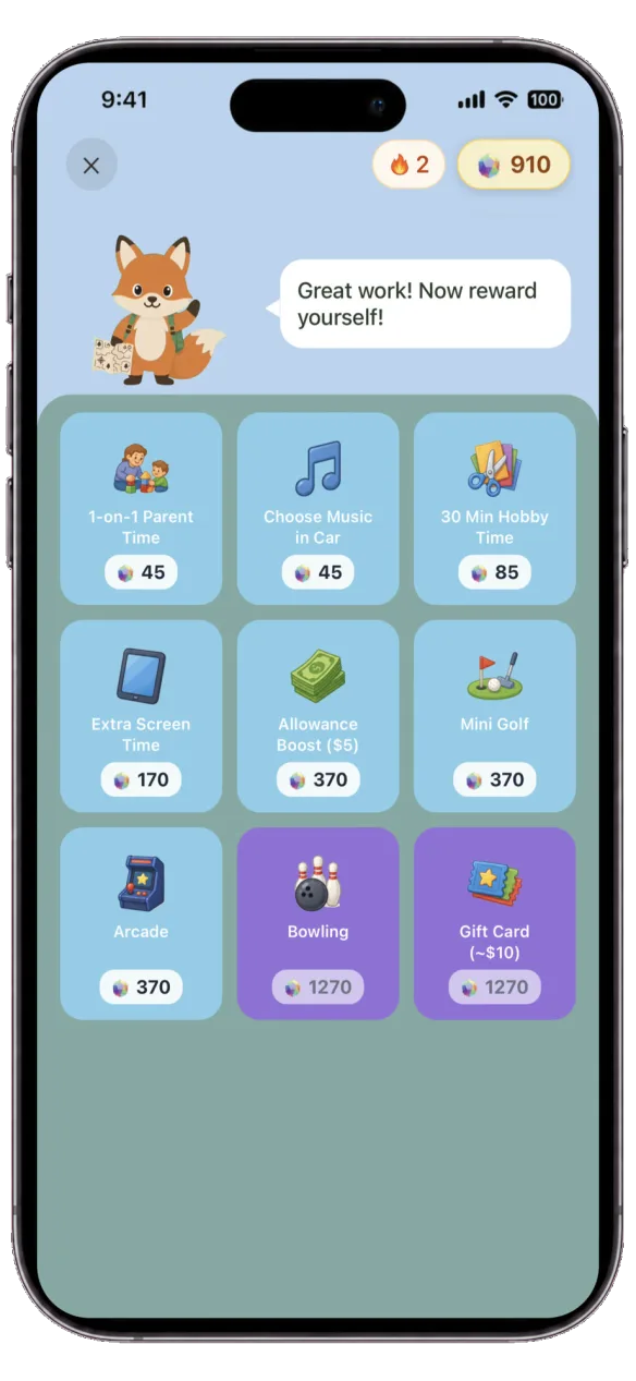 Complete phone showing family-chosen rewards in Chorby's Gem Shop