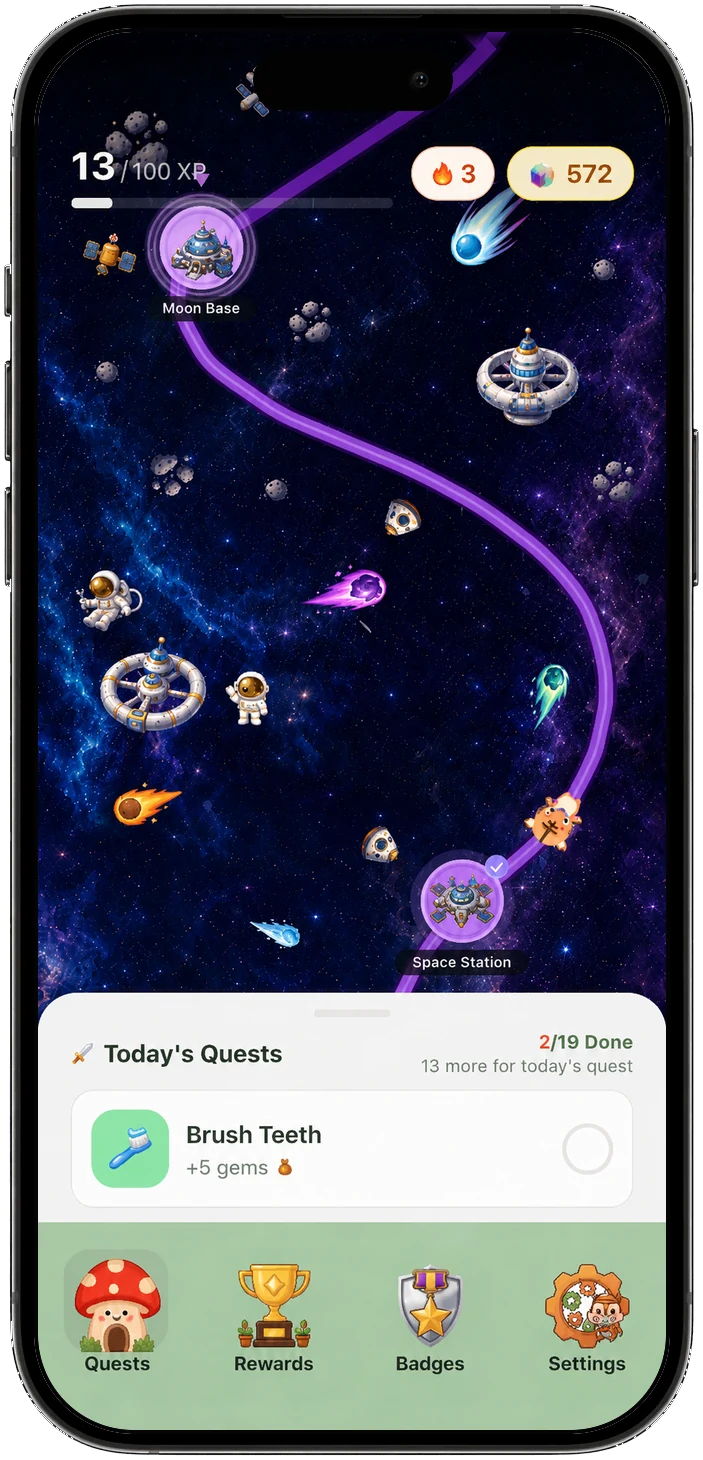 Complete phone showing Chorby's cosmic Adventure Map and daily quests