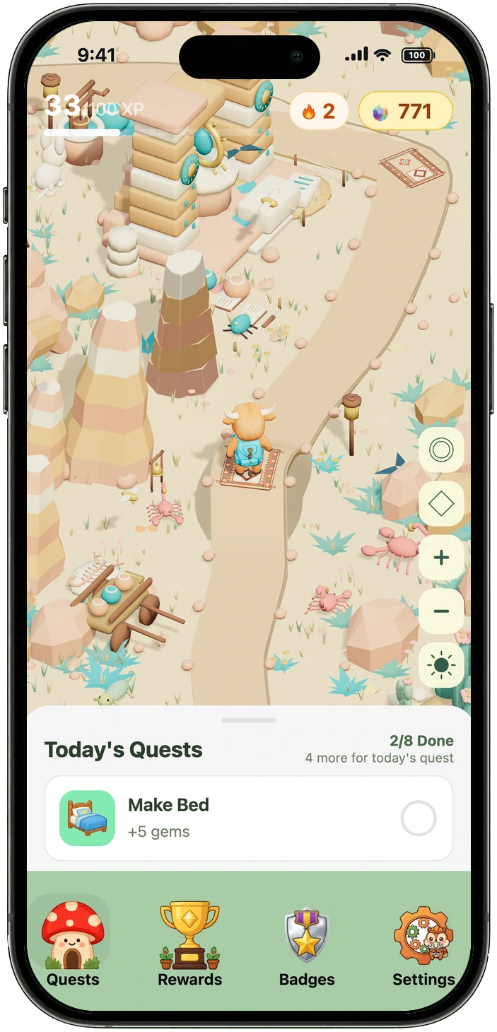 Complete phone showing Chorby's desert Adventure Map and daily quests