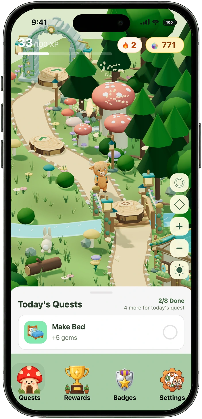 Complete phone showing Chorby's forest adventure map and today's tasks