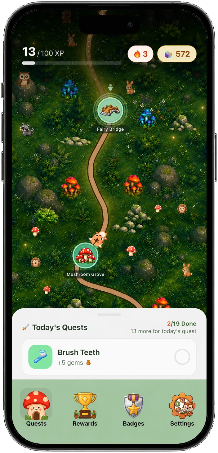 Complete phone showing the forest Adventure Map and today's quests
