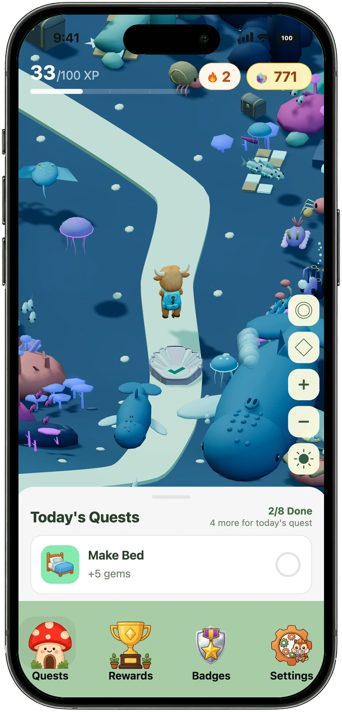 Complete phone showing Chorby's ocean adventure map and today's chore list