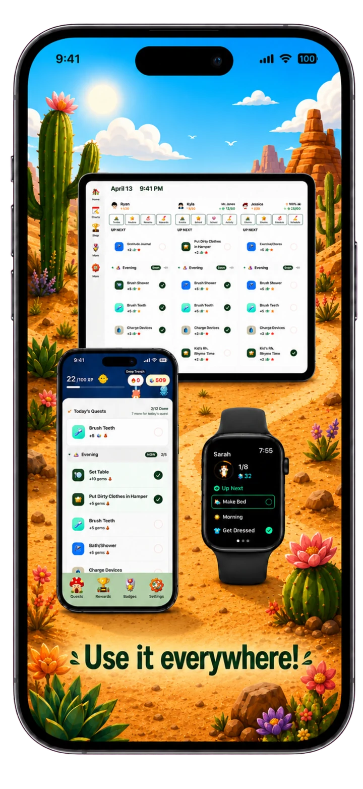 Complete phone showing Chorby's Family Hub across a tablet, phone, widget, and watch